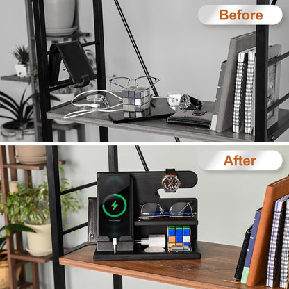 TESLYAR Wood Phone Docking Station for Men - Desktop or Nightstand Organizer - Birthday Gifts for Men, Dad - Anniversary Idea from Wife - Key Holder, Stand Wallet, Watch & Essentials (Granite Black)