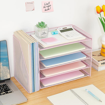 OPNICE Desk Organizer, 5-Tier Paper Organizer Letter Tray with Magazine Holder, Office Desk Accessories & Workspace Organizers, Desktop File Organizer for Office Supplies Storage, Black