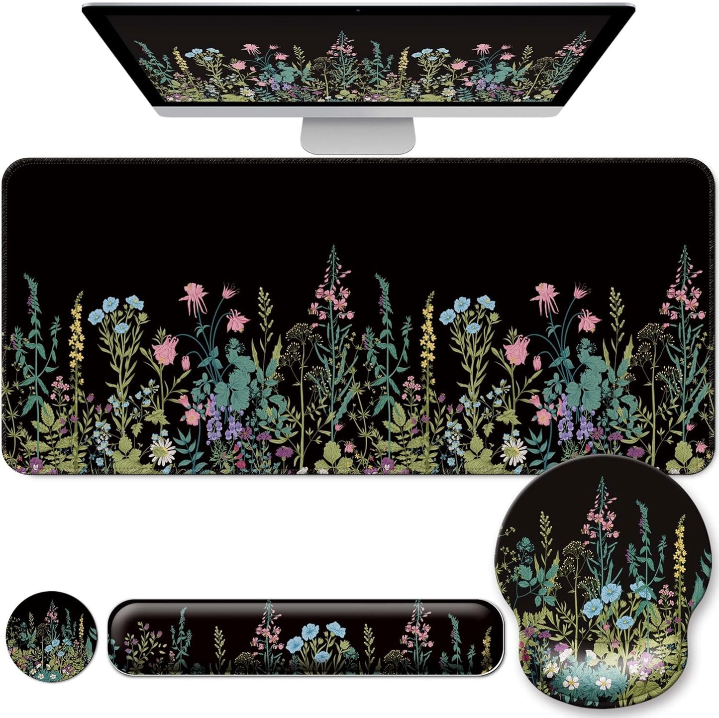 Desk Mat Set + Keyboard and Mouse Pad with Wrist Rest Support,4-in-1 Large Mousepad Computer Mats for Desktop Home & Office-Purple Butterflies