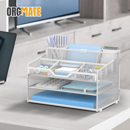 5 Tier Mesh Desk Organizer,Multi Functional Letter Paper Tray with 3 Pen Holders and 5 Adjustable Storage Compartments for Office Supplies Files and Mail Space Saving Desktop Organizer-Black