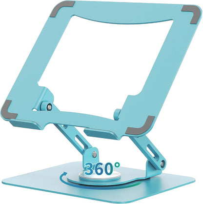 SOUNDANCE 360 Rotating Laptop Stand, Ergonomic Computer Riser for Desk, Adjustable Height Multi-Angle Metal Holder, Foldable Portable Notebook Elevating Base for Office & Home, Silver Grey