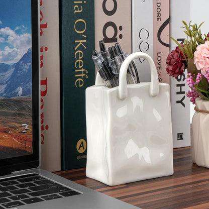 Vintage Handbag Ceramic Pencil Holder, White Pen Cup Desk Organizer, Cute Aesthetic Ceramic Brush Holder, 1 Pack