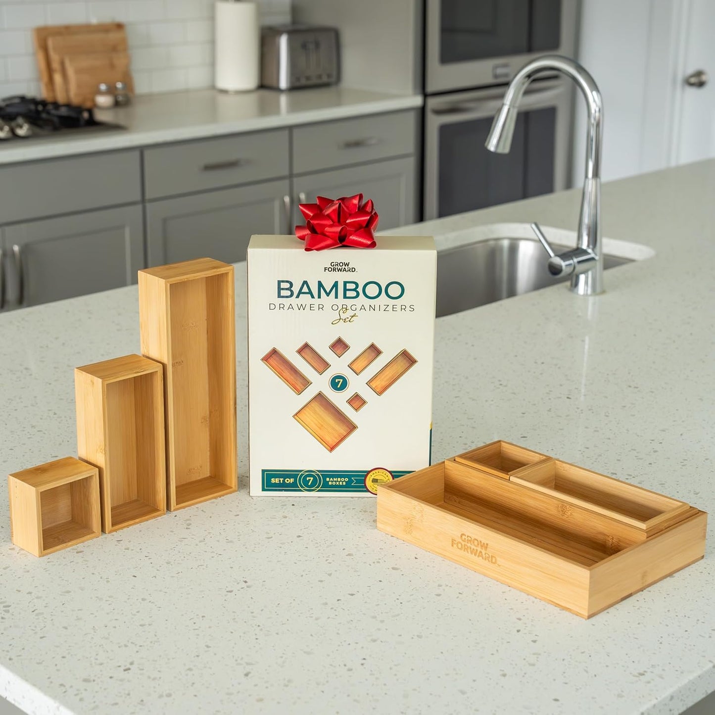Grow Forward Bamboo Drawer Organizer Boxes - Set of 14 Wooden Drawer Organizers for Kitchen, Bathroom, Office, Desk, Vanity, Makeup - Non-Slip Junk Drawer Organizer Trays for Storage and Organization