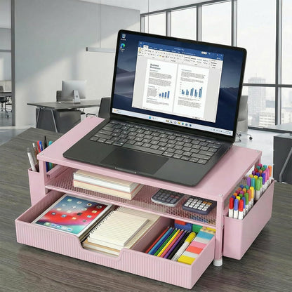 ECOLOVI Desk Organizer and Accessories, 2-Tier Computer Monitor Stand Rise with Storage Drawer & 2 Pen Holders, Laptop & Printer Stand for Desktop, Workspace Organizers for Office Supplies (Blue)