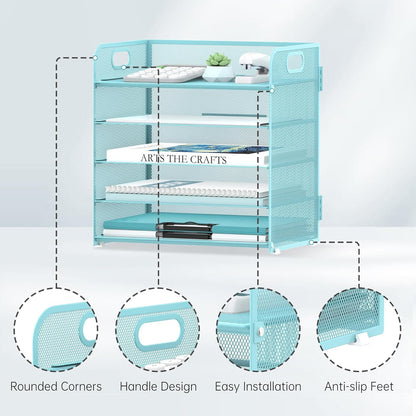 Supeasy 5 Trays Paper Organizer Letter Tray with Handle-Mesh Desk File Holders, Paper Sorter Desk Organizer for Office, Home, Classroom or School, White