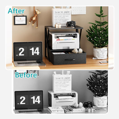 aboxoo Printer Stand for Desk with Storage Drawer, 2 Tier Desktop Or UnderDesk Shelf, Multi-Purpose Desk Organizer for Home Office, fit Fax Machine/3D Printer/Scanner, Rustic Brown
