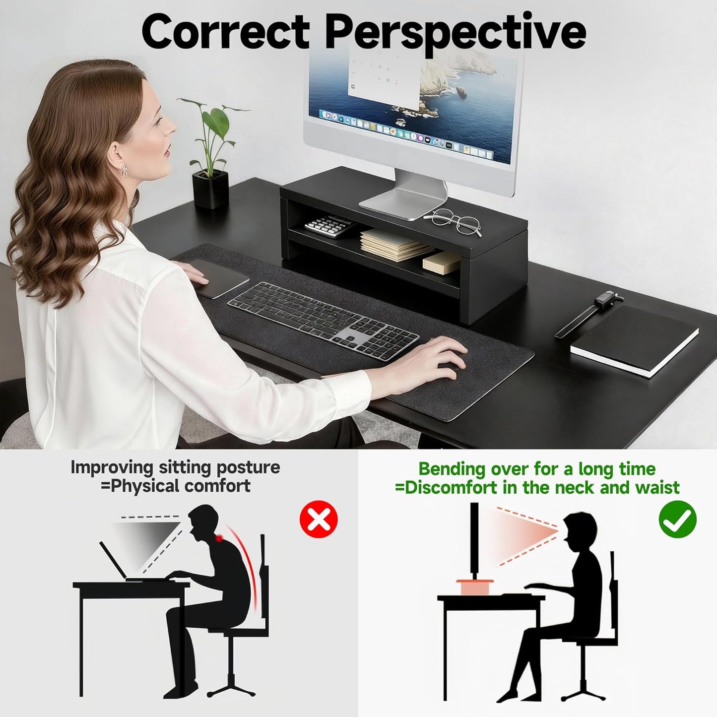 Wooden Monitor Stand Riser, 2-Tier Desk Shelf with Storage Organizer, Ergonomic Computer Stand, Storage Organizer for Laptop, Computer, Black, 15.7 Inch