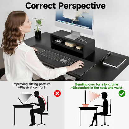 Wooden Monitor Stand Riser, 2-Tier Desk Shelf with Storage Organizer, Ergonomic Computer Stand, Storage Organizer for Laptop, Computer, Black, 15.7 Inch