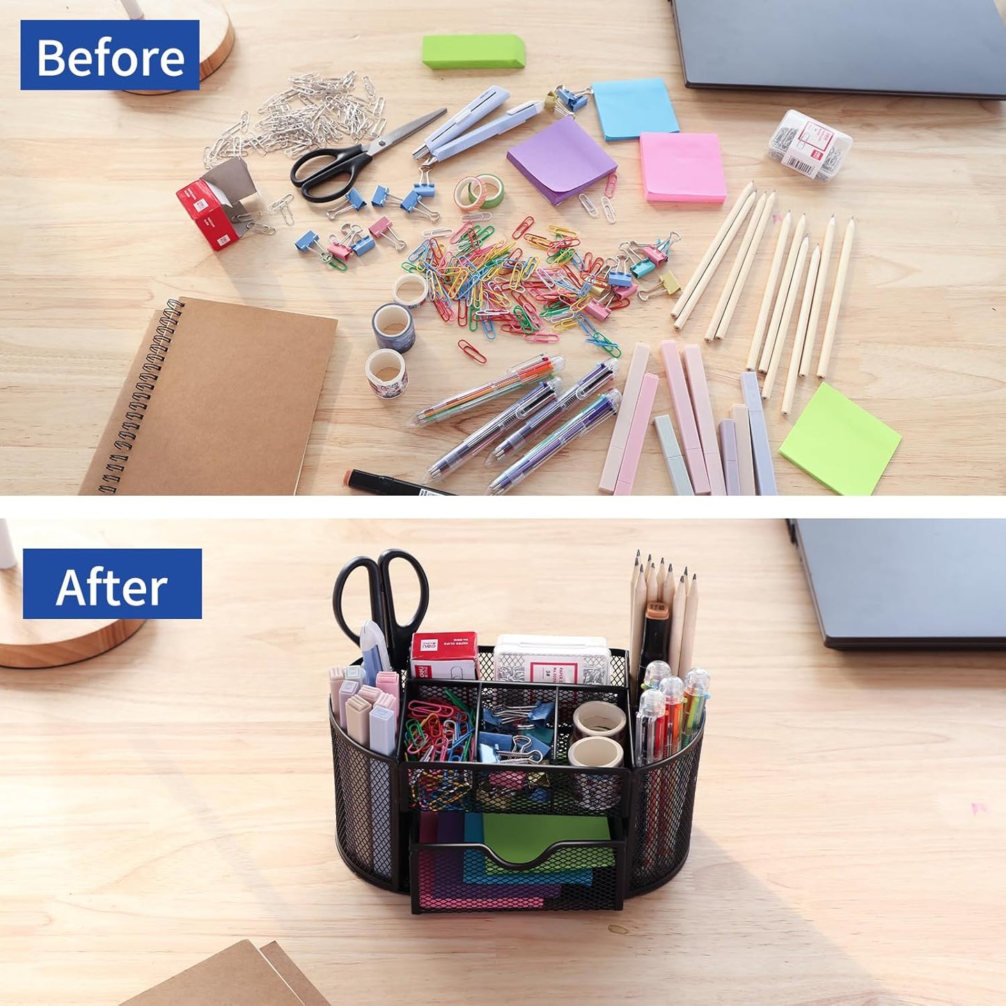 EOOUT Pink Desk Organizer, Pen Holder for Desk and Accessories, Mesh Desk Organizer with 8 Compartments and 1 Drawer for Office Home School Classroom