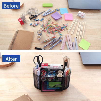 EOOUT Pink Desk Organizer, Pen Holder for Desk and Accessories, Mesh Desk Organizer with 8 Compartments and 1 Drawer for Office Home School Classroom