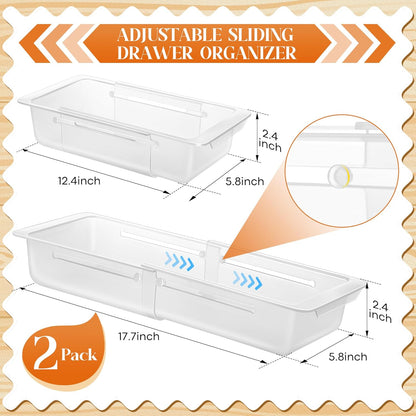 2 Pack Deep Drawer Organizer Bins, Adjustable Sliding Drawer Organizer Bin Expandable Tray for Kitchen Utensils, BBQ Tools, Towels, Durable Plastic Sliding for Easy Storage (17" to 27”)