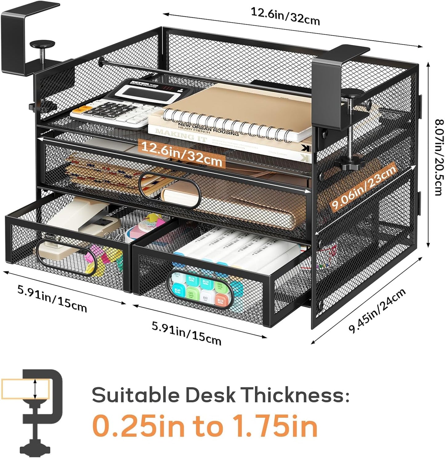 Under Desk Drawer Organizer 3 Layer, Large Under Desk Storage Side Drawers for Home & Office, Drill-Free Clamp-on Installation for Small Space, Spacious Storage for Office Supplies, Papers
