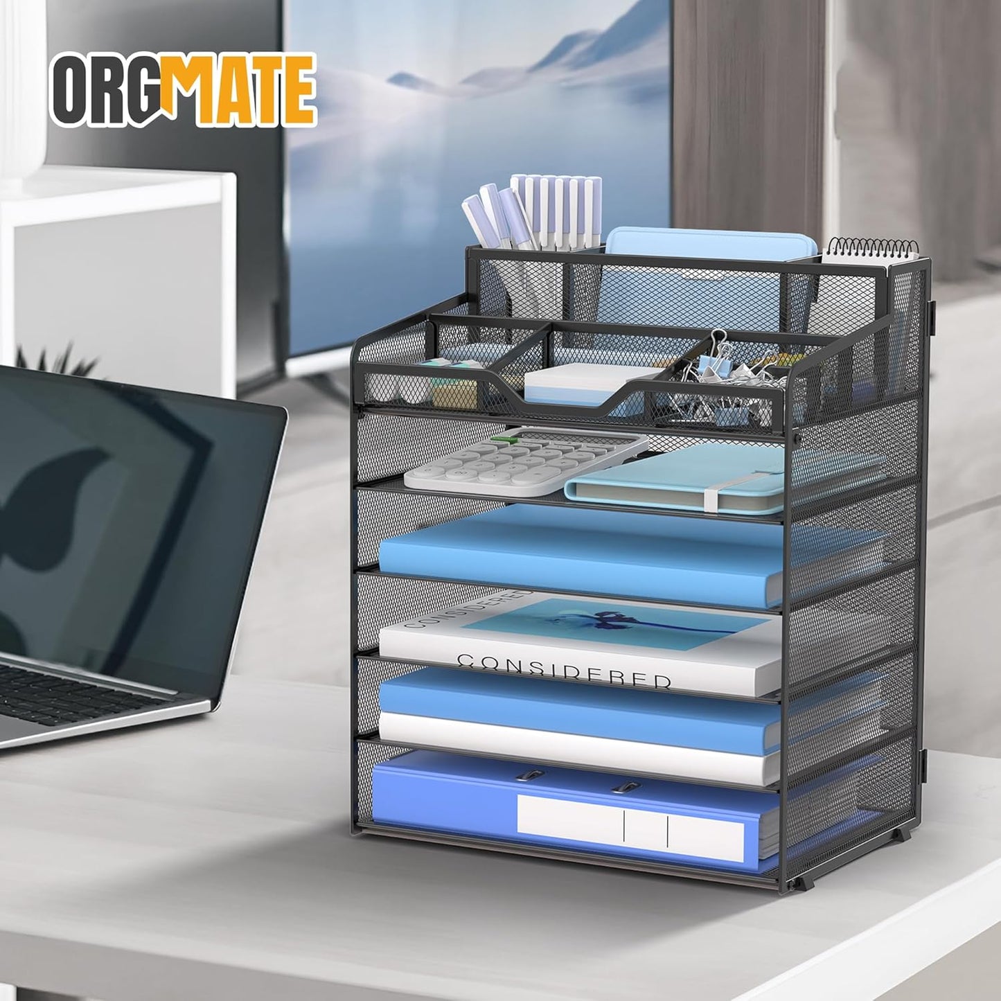 5 Tier Mesh Desk Organizer,Multi Functional Letter Paper Tray with 3 Pen Holders and 5 Adjustable Storage Compartments for Office Supplies Files and Mail Space Saving Desktop Organizer-Black