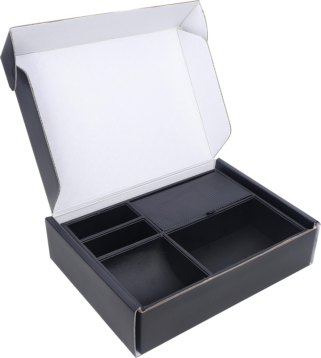Zcaukya Men's Valet Tray, Jewelry Box Nightstand Organizer with 5 Compartments for Phone Keys Wallet Watch Glasses, Faux Leather Dresser Entryway Catchall Holder for Father's Day Gift (Black)