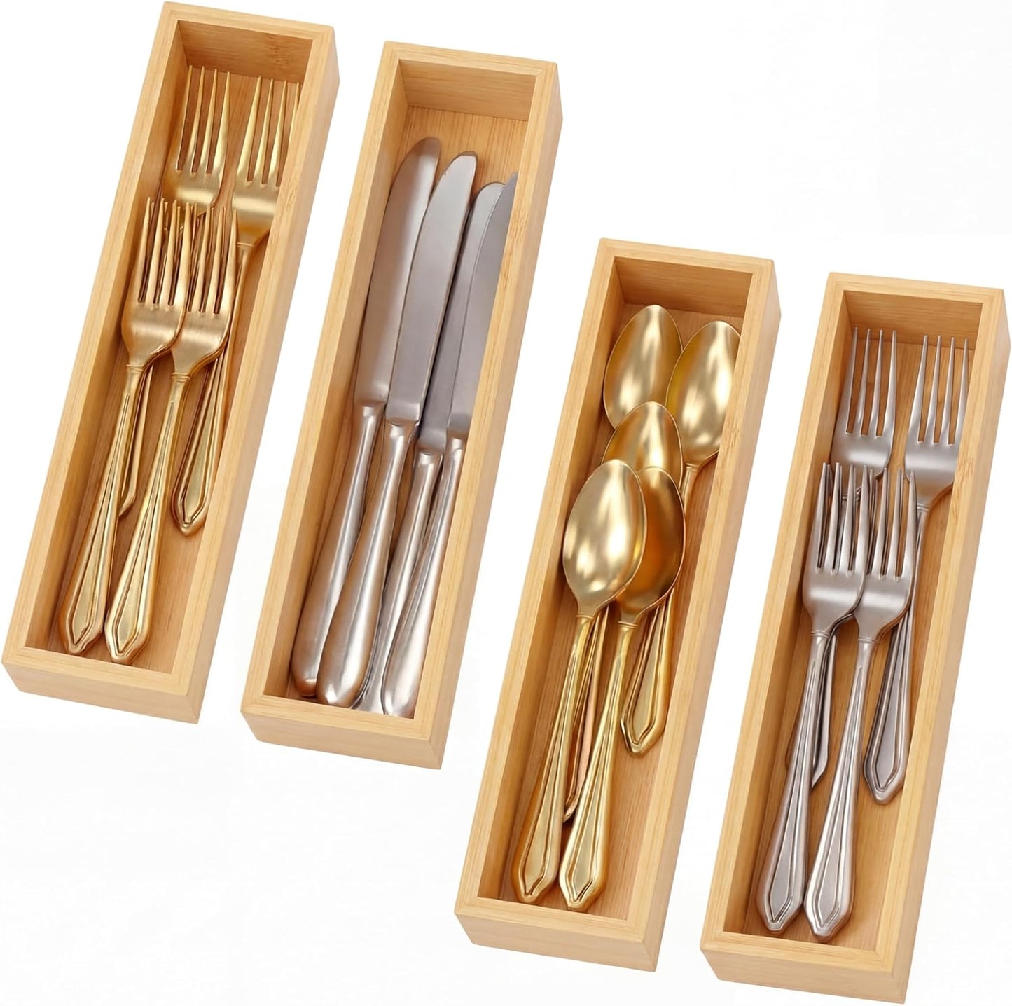 4 Pcs Bamboo Drawer Organizer Stackable Utensil Organizer for Kitchen Bamboo Storage Box Wood Silverware Tray for Drawer, Dresser, Bathroom 12" x 3" x 2"