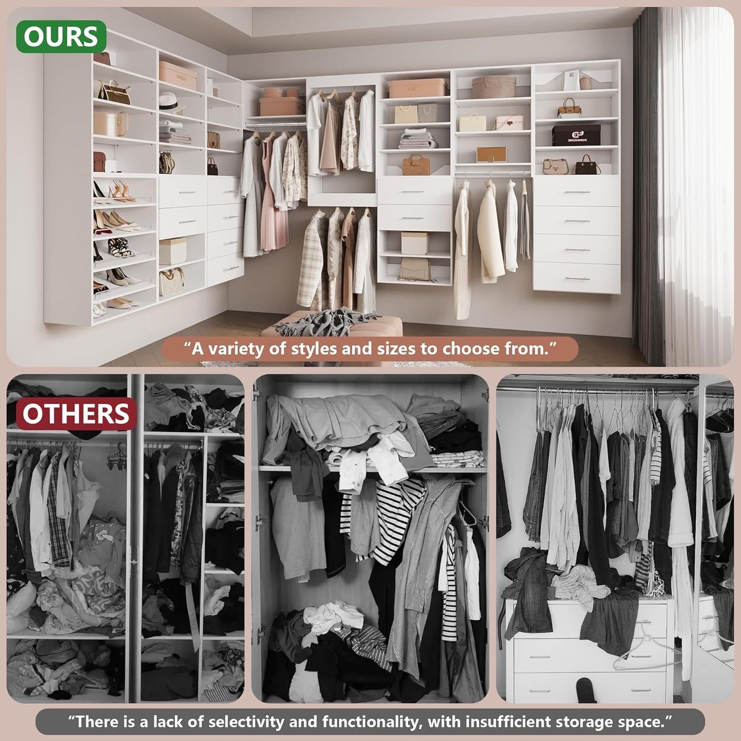 4-Drawer Stackable Storage Organizer Unit for Closet, Modular Wood Closet Storage Bins with Drawers, Closet She-lf Organizer Basket for Hanging Clothes, Wood, 25.5"W