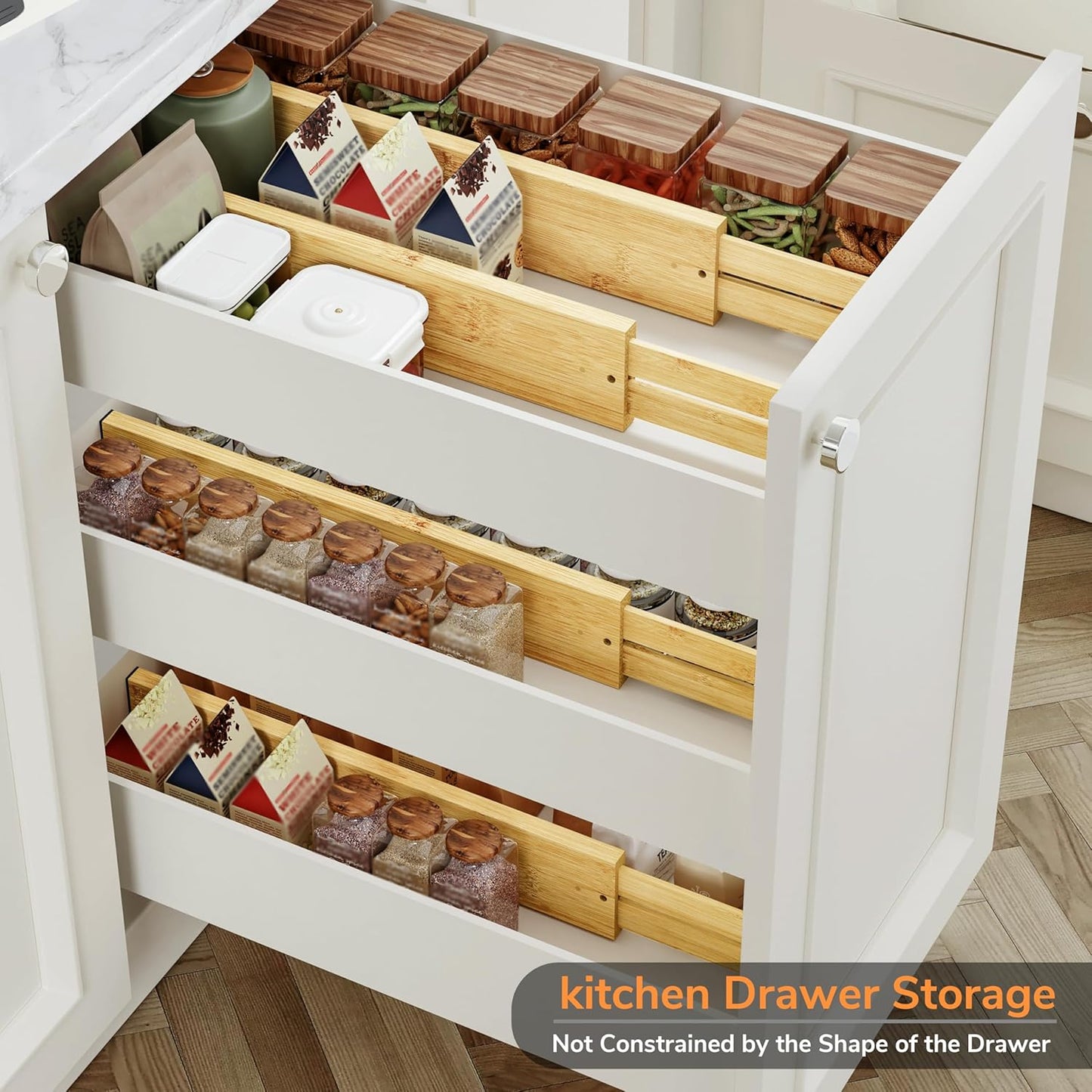 BAMEOS Drawer Dividers kitchen Organization Bamboo Utensil Organizers for Kitchen Bedroom Bathroom Dresser Office 4-pack