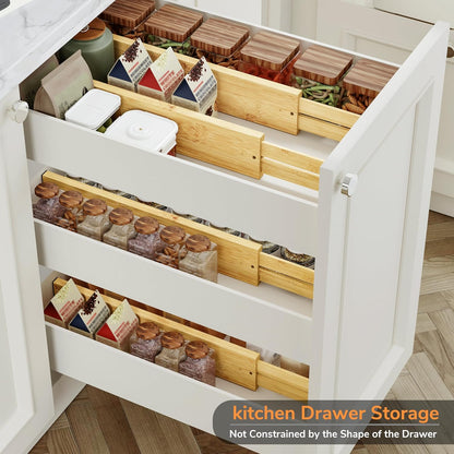 BAMEOS Drawer Dividers kitchen Organization Bamboo Utensil Organizers for Kitchen Bedroom Bathroom Dresser Office 4-pack