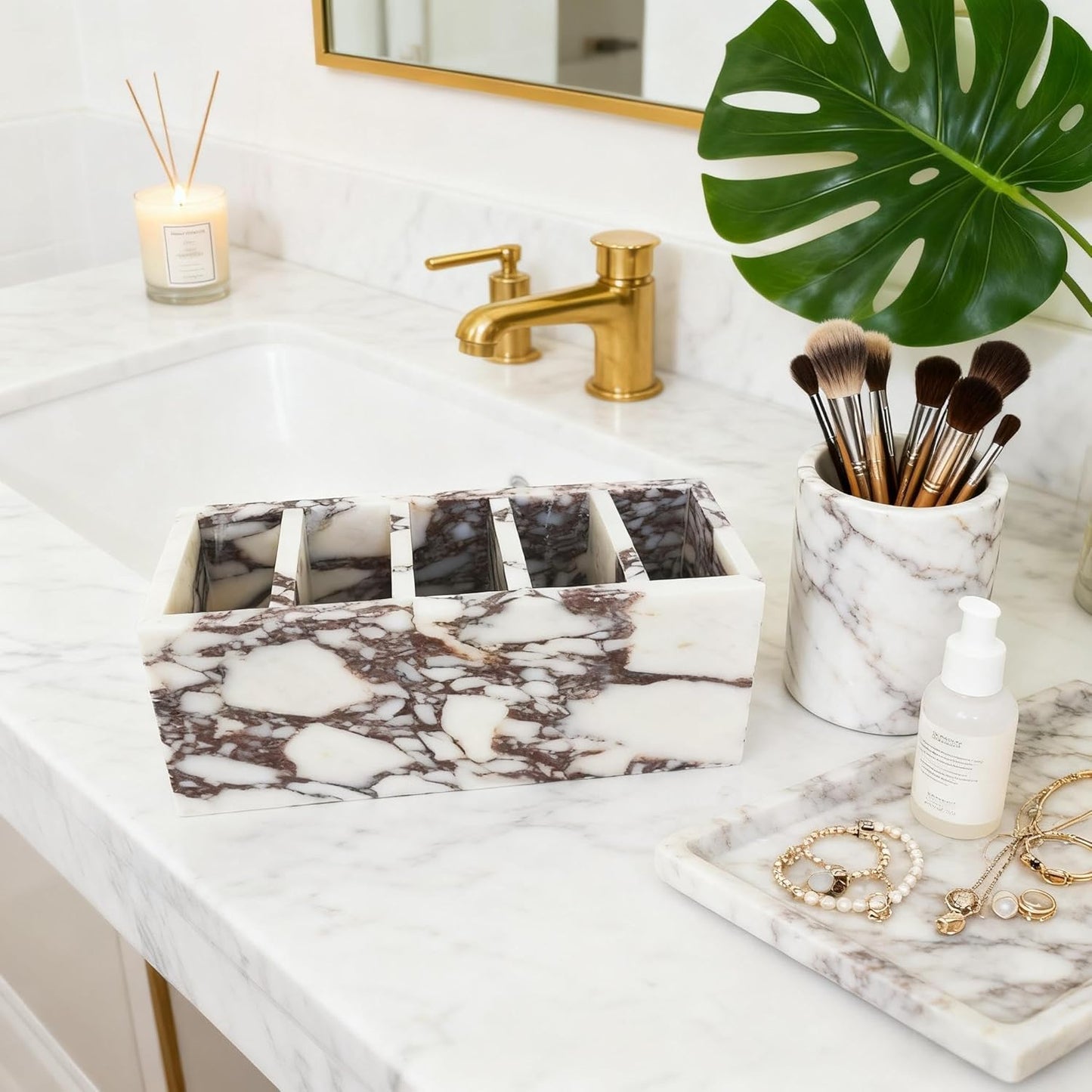 Marble Pen Holder, White Stone Rectangular Desktop Organizer, Office Study Makeup Brush Storage, Home Desk Decor, Minimalist Design, Durable Marble Accessory