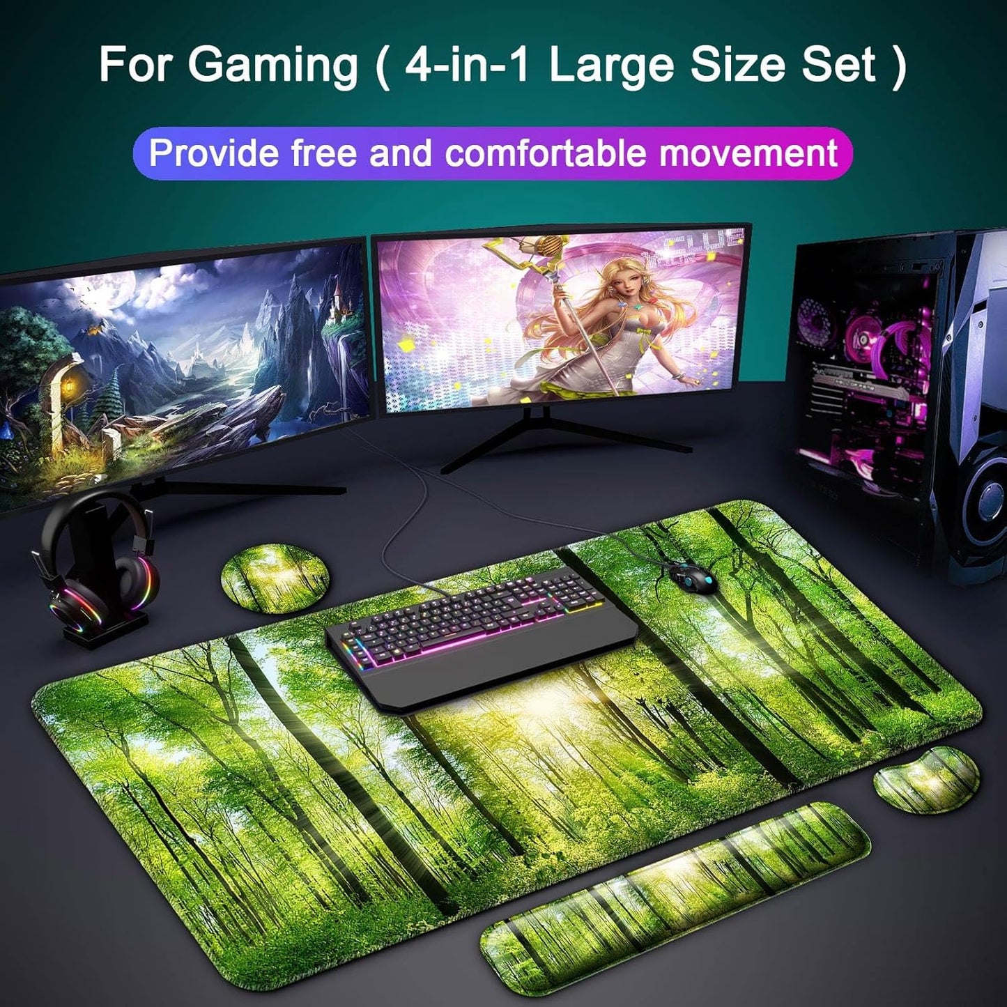 Keyboard Wrist Rest + Mouse Pad with Wrist Support + Desk Mat + Coaster 4 in 1 Set, XXL Large Gaming Mousepad Cute Ergonomic Mouse Pads for Desk Computer Laptop Office Decor-Beach