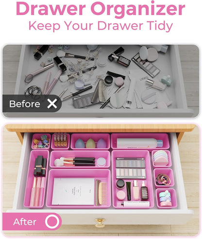 BiuLeon 25 PCS Plastic Drawer Organizers Set, 4-Sizes Vanity and Makeup Organizer, Desk and bathroom Drawer Organizer Trays, Organizers and Storage for Makeup, Jewelry, Gadgets, Utensils (Pink)