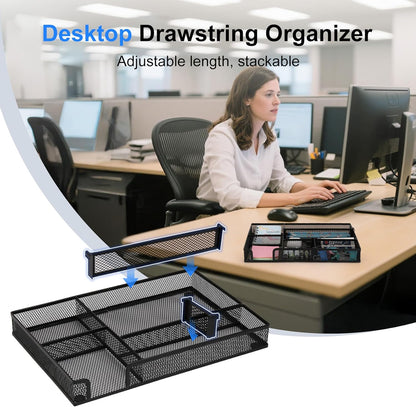 Desk Drawer Organizer, 2 Pack Junk Drawer Organizer Tray with 2 Adjustable Compartments, Desktop Metal Mesh Office Desk Organizer, Multifunction Pen Organizer Set for Office School Makeup Supplies (2)