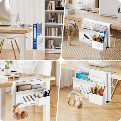 Litwaro Desk Side Storage Organizer, 2 Tier Under Desk Laptop Holder No Drill, Laptop Mount with Magnetic Pen Holder, Hanging Desk Organizer Fits Flat Edge Desks 0.4" to 2.1" (White)