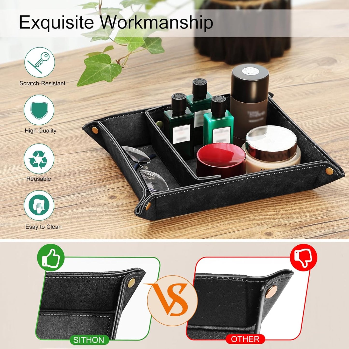 SITHON Valet Tray Desktop Storage Organizer, Removable 2 Compartments Catchall Tray Bedside Vanity Nightstand Caddy Holder Desk Storage Plate, Valentine's Day Gift, Brown