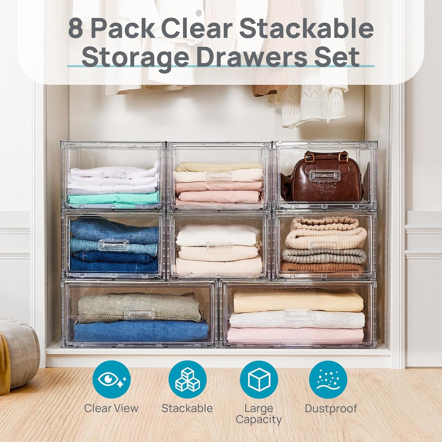 Vtopmart 2 Pack Large Clear Stackable Storage Drawers 27QT, Easily Assemble Plastic Closet Storage Bins, Dust-Proof UnderBed Organizer for Clothing, Sweater Organization