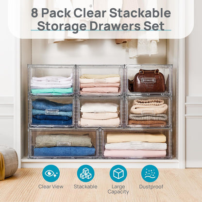 Vtopmart 2 Pack Large Clear Stackable Storage Drawers 27QT, Easily Assemble Plastic Closet Storage Bins, Dust-Proof UnderBed Organizer for Clothing, Sweater Organization