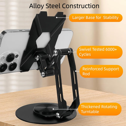 All-Metal Cell Phone Stand 360° Rotatable & Height Adjustable - 25KG Super Load-Bearing, Foldable Desk Stand for Phone, Compatible with iPhone 17/16/15/14, Nintendo Switch, Silver