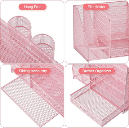 Marbrasse Desk Organizer with File Holder, 5-Tier Paper Letter Tray Organizer with Drawer and 2 Pen Holder, Mesh Desktop Organizer and Storage with Magazine Holder for Office Supplies(Black)