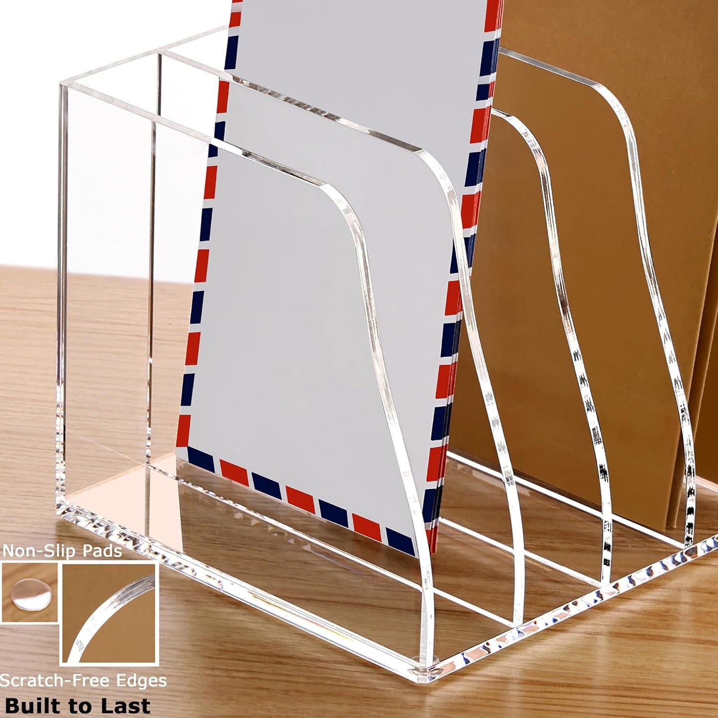YUXUN Clear Acrylic File Folder Holder - 4 Vertical Compartments Desk Document Sorter, Upright Magazine Rack for Office/Home/Classroom, Stores Documents, Tablets, Magazines, Books & Accessories