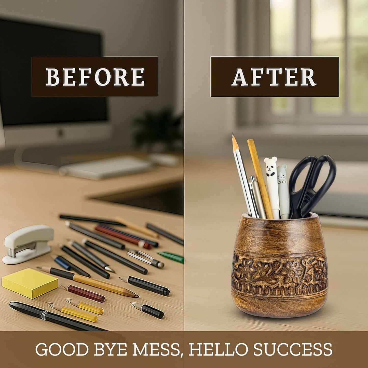 Mie Creations Designer Pencil Holder for Desk Wood | Wooden Pen Stand, Paintbrush Cup, Desk Accessories, Cute Make Up Brush Organizers | Office Desktop Stationery, Christmas Holidays Gift- 4'' Brown