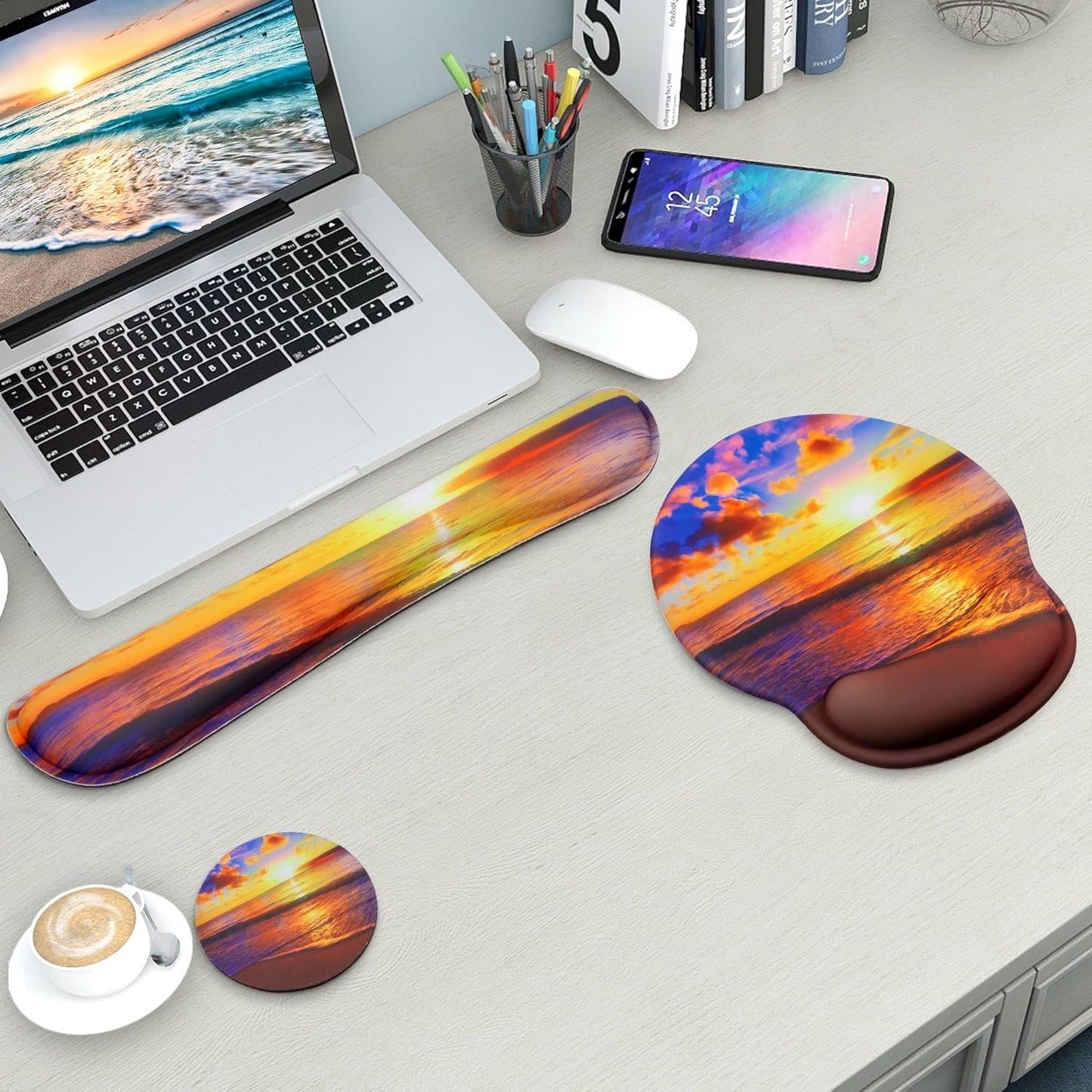 Mouse Pad and Keyboard Wrist Rest Support, with Non-Slip PU Base,Gel Mouse Pad with Coaster,Pain Relief for Gaming, Computer,Office -Beach