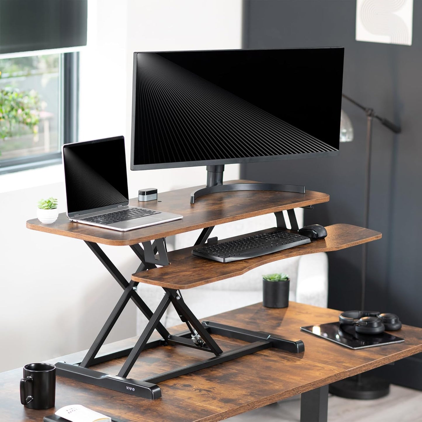 VIVO 26 inch Desk Converter, K Series, Height Adjustable Sit to Stand Riser, Dual Monitor and Laptop Workstation with Keyboard Tray, Black, DESK-V026KB