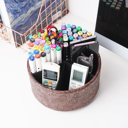 lizimandu Round Leather Art Supply Organizer,Remote Control Holder,360 Degree Spinning,Multi-Functional Pencil Holder,4 Compartments Desktop Stationary Organizer(1-Gold) - Colors B
