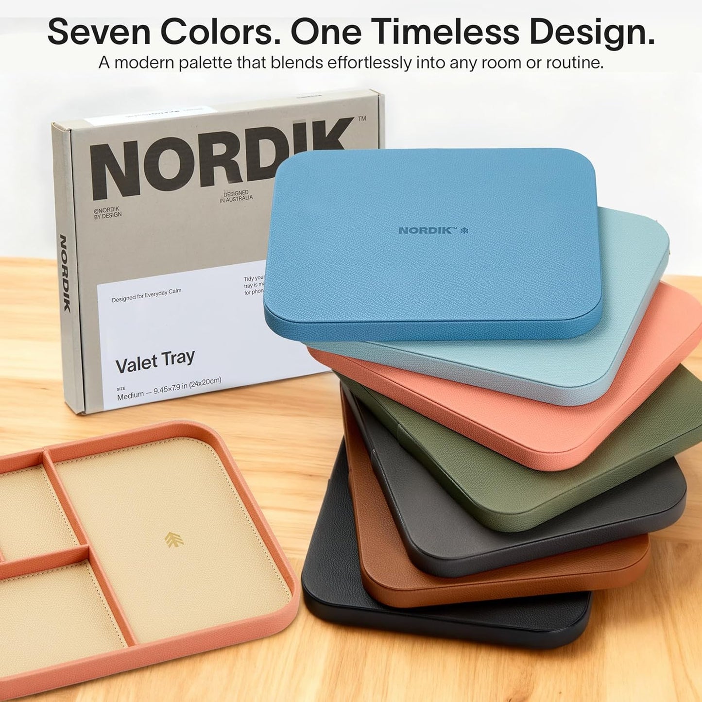 Nordik Leather Valet Tray - Pebble Black - 9.5 x 7.9 Inch Medium Vegan Leather Tray - Stylish Nightstand Organizer for Men - Modern Bedside Caddy - EDC Catchall for Key Watch Wallet Jewellery