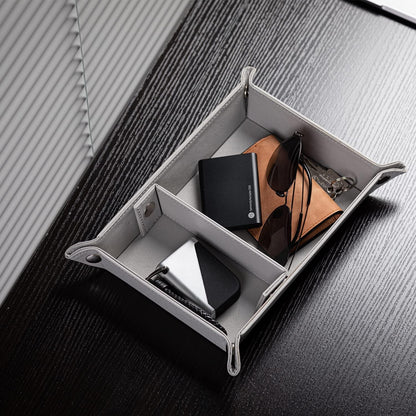 BONNY DODO Valet Tray for Men PU Leather Tray Organizer with Partition, Storage Keys, Watch & Practical Storage for Table Nightstand Living Room Bedroom (Dark Brown-Square)