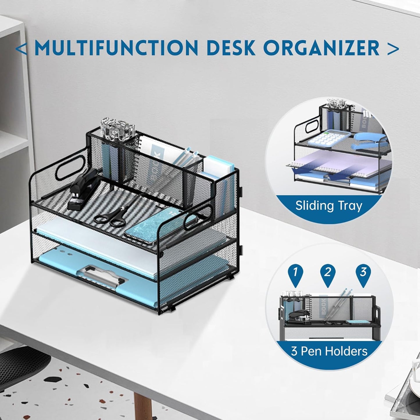 3 Tier Desk File Organizer with Pen Holder, Mesh Paper Tray File Organizer for Desk, Fold Holder with Handle for Office, Classroom, Home, Workspace(Black)