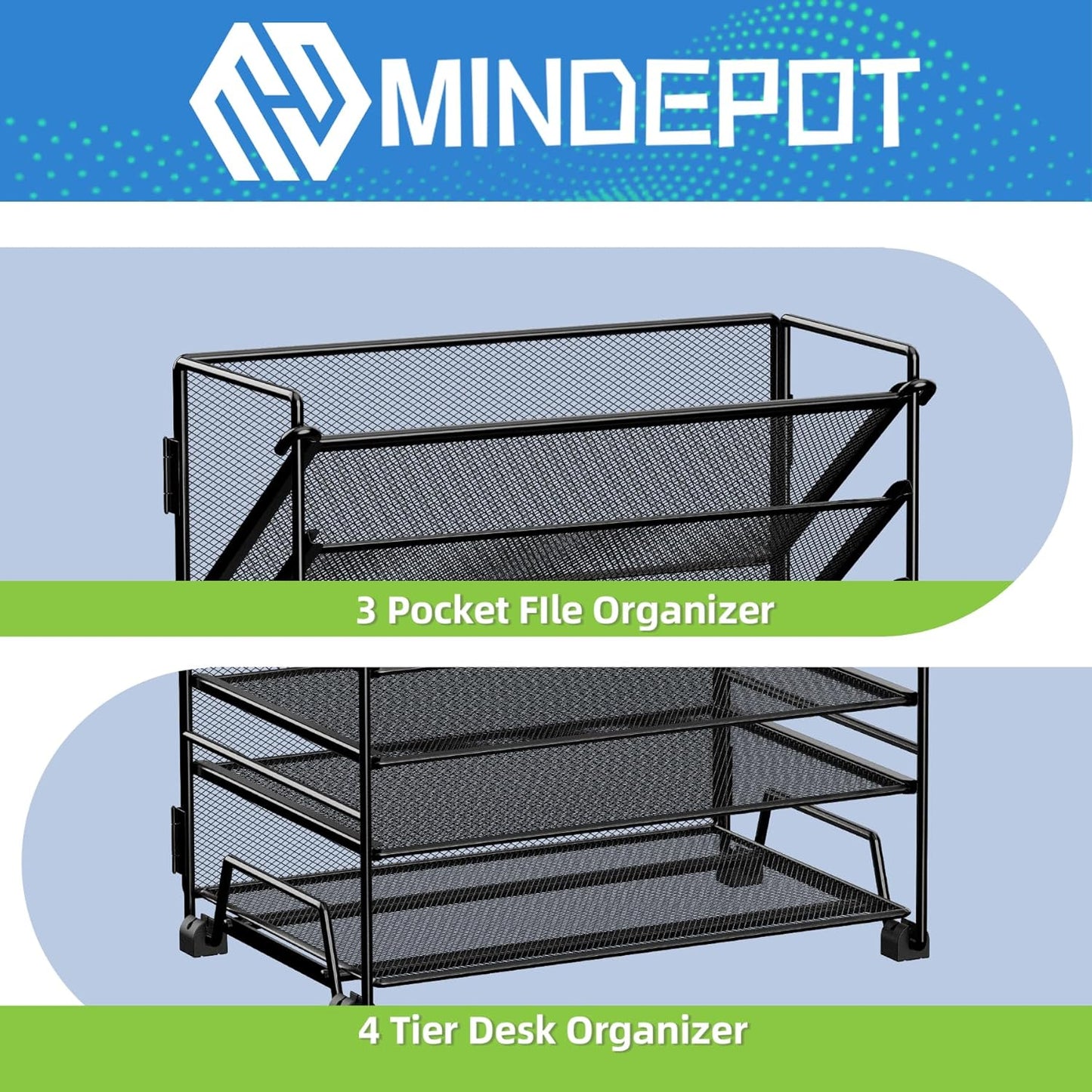 MINDEPOT 4-Tier Paper Organizer + 3-Pocket File Holder + Drawer + Pen Holders, Desktop File Organizers Paper Tray for Office Accessories School Classroom Organization (Black)