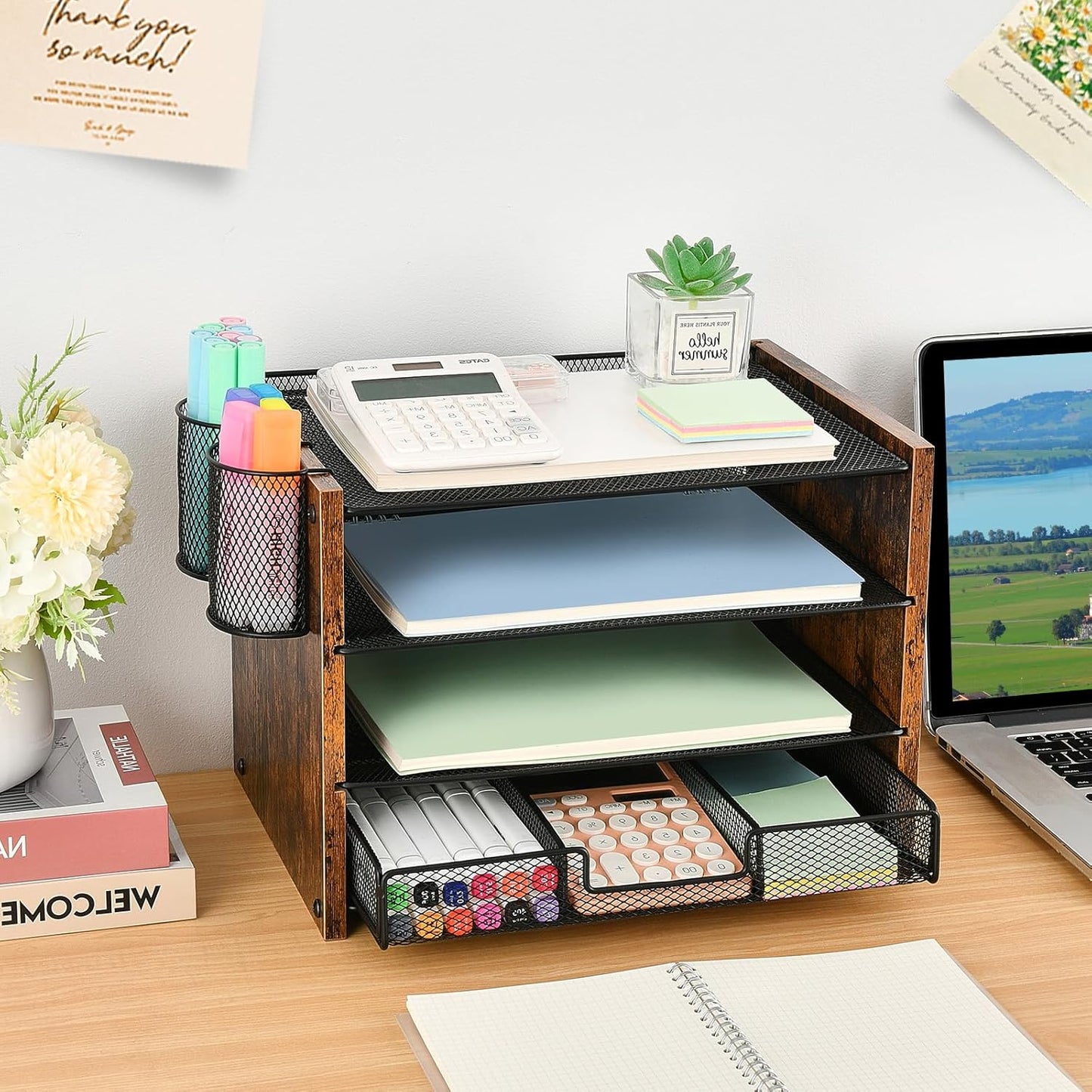 OPNICE Desk Organizers and Accessories, 4-Tier Office Desk Accessories & Workspace Organizers with Drawer and Pen Holder, Desktop Paper Tray File Organizer for Home Office Supplies, Gold