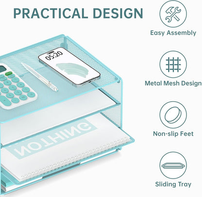 DALTACK 3 Tier Letter Tray Paper Organizer for Desk, Mesh Metal Desk File Organizer with Sliding Trays for Letter/A4 Paper, Mail, Bills & Folders, Black
