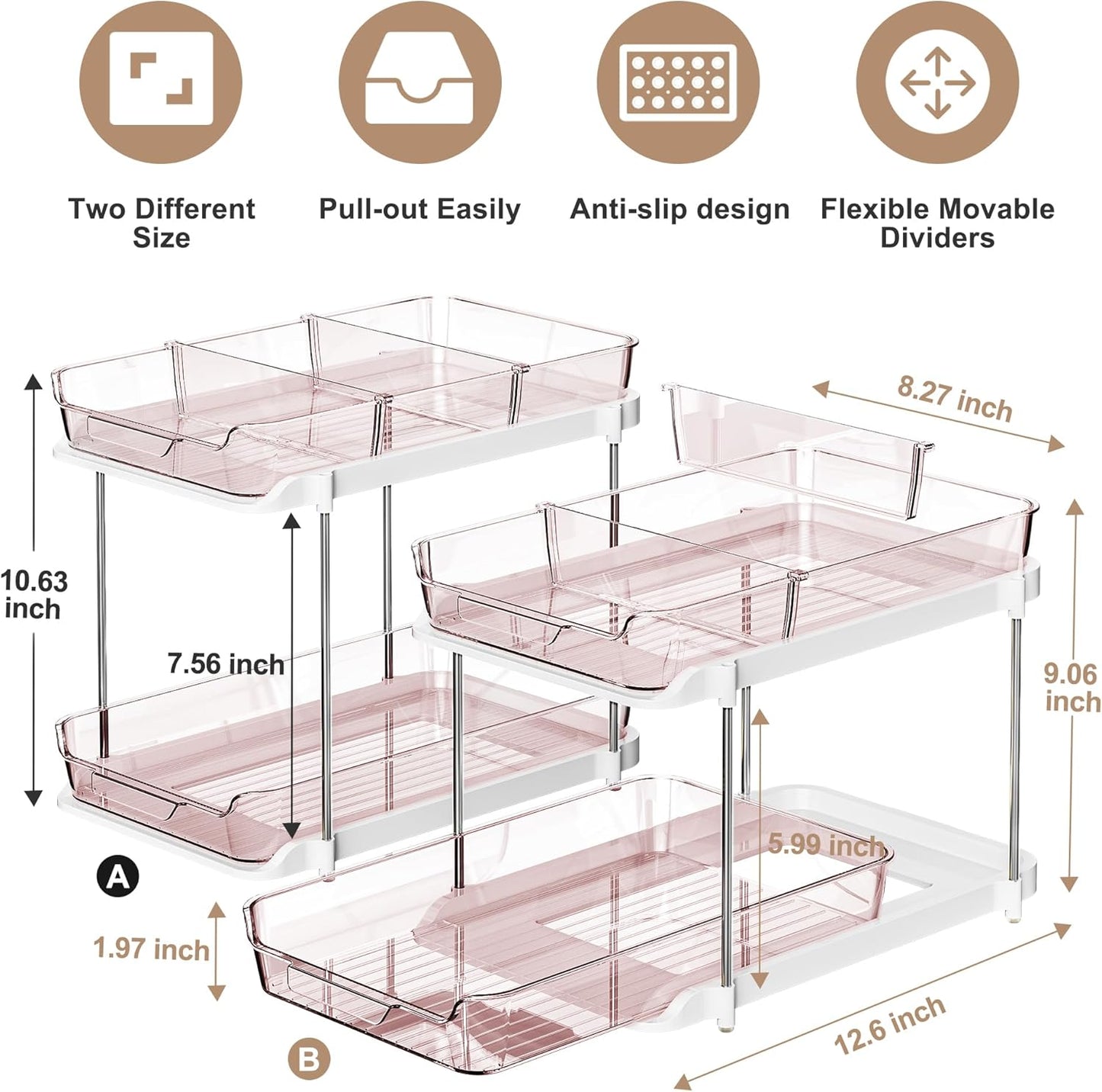 Delamu 2-Tier Multi-Purpose Bathroom Under Sink Organizers and Storage, Stackable Kitchen Pantry Organization, Pull Out Medicine Cabinet Organizer with Movable Dividers, White, 2 Pack