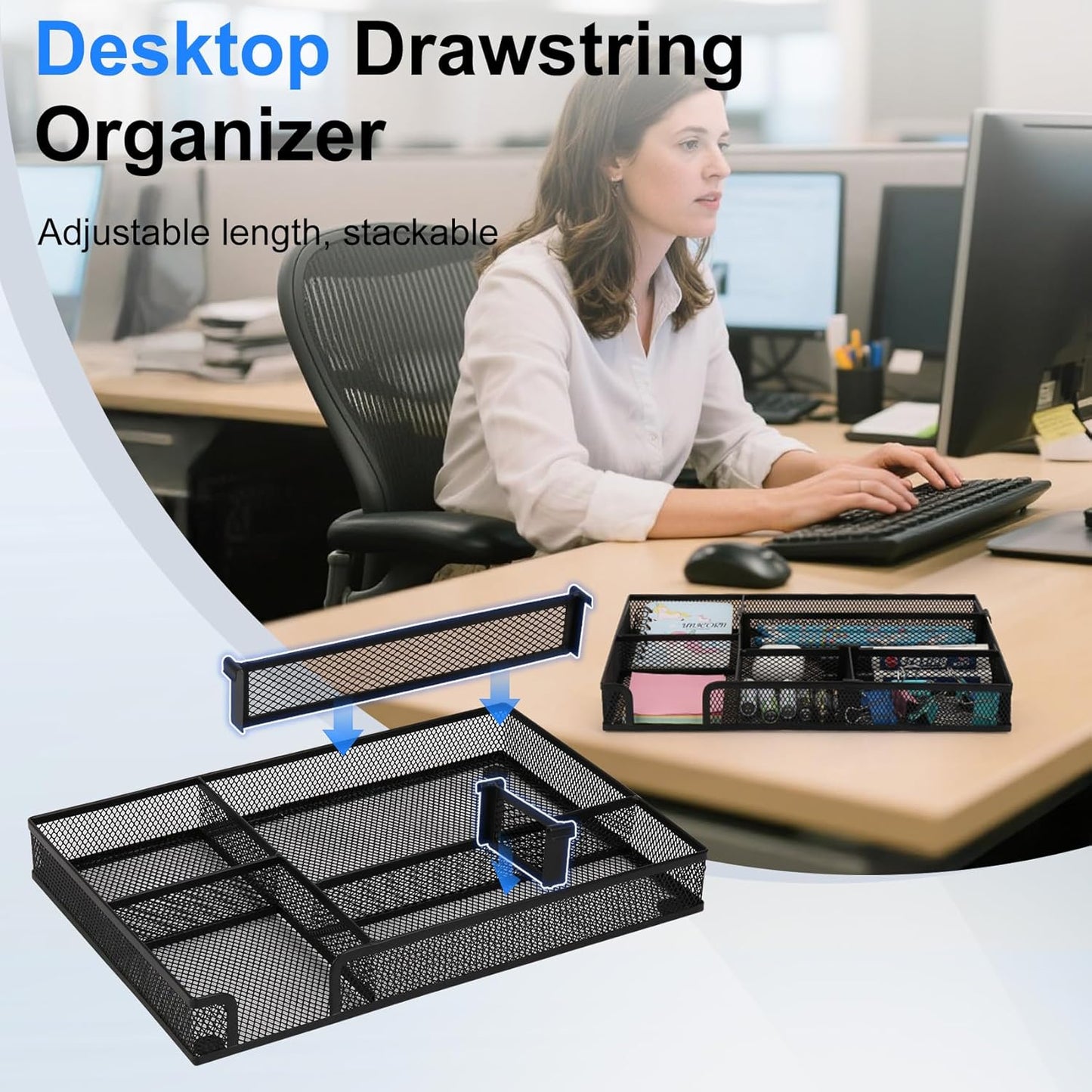 Desk Drawer Organizer, 2 Pack Junk Drawer Organizer Tray with 2 Adjustable Compartments, Desktop Metal Mesh Office Desk Organizer, Multifunction Pen Organizer Set for Office School Makeup Supplies (2)