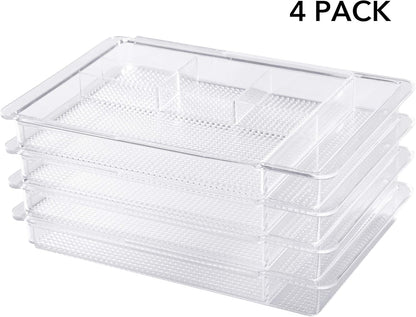 Oubonun Expandable Drawer Organizer 11.1” to 19.2” Width, Shallow Cosmetic Organizer 1.3” Height, 2 Packs, Clear Plastic Storage Trays for Dressing Table,Bathroom