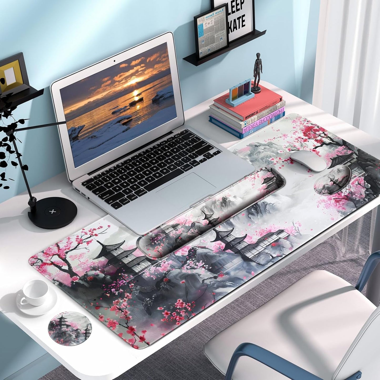 Keyboard Wrist Rest + Mouse Pad with Wrist Support + Desk Mat + Coaster 4 in 1 Set, XXL Large Gaming Mousepad Cute Ergonomic Mouse Pads for Desk Computer Laptop Office Decor-Beach