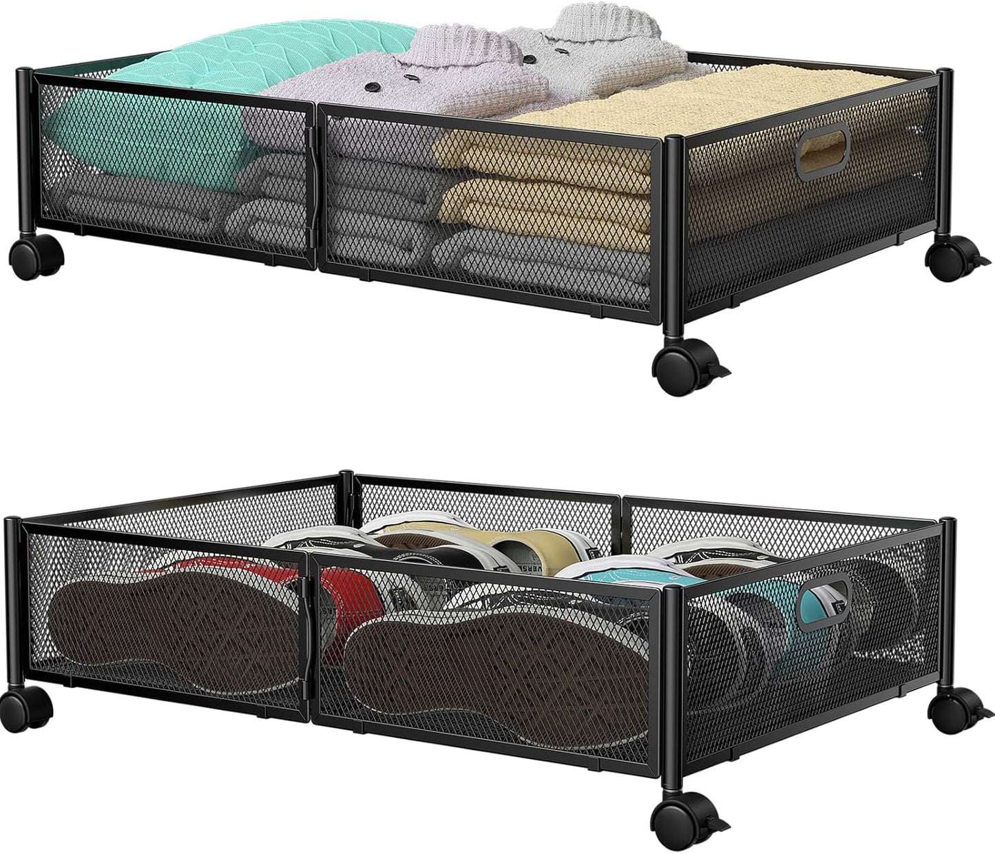 PHINOX Under Bed Storage Containers with Wheels, Under Bed Shoe Storage Organizer Drawer, Tool-free Assembly Metal Storage Containers for Bedroom Clothes Shoes Blankets -2PCK