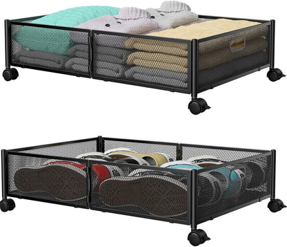 PHINOX Under Bed Storage Containers with Wheels, Under Bed Shoe Storage Organizer Drawer, Tool-free Assembly Metal Storage Containers for Bedroom Clothes Shoes Blankets -2PCK