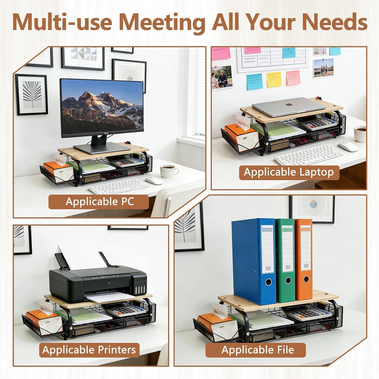 Desk Organizers and Accessories Monitor Riser, Monitor Stand with Drawer (2-Tier Drawers) with Large Side Storage Rack & Cable Management,66LBS/30KG, Office Organization, Walnut Brown